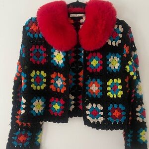 Alice + Olivia Vibrant Red and Multicolor Crochet Jacket